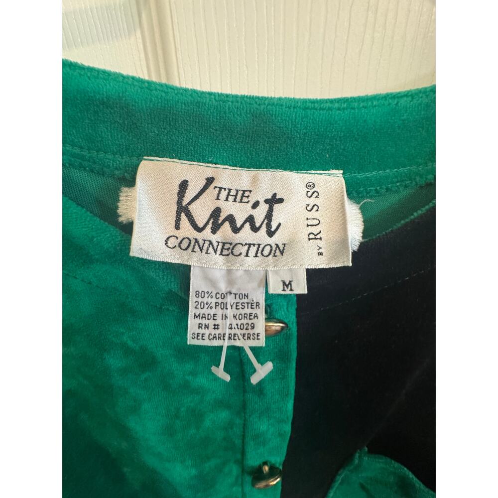 Vintage Knit Connection Velvet Colorblock Top Blouse Green Black Button Glam - Picture 4 of 8